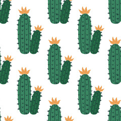 Сactus seamless vector pattern. A prickly tropical plant with green stems, spines, colorful flowers. Indoor or desert succulent. South American cereus. Hand drawn botanical doodle. Cartoon background