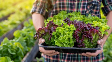 A person with hands holding a tray filled with fresh, green lettuce leaves. The person appears to be handling the tray carefully, ensuring that the lettuce remains intact and undamaged.