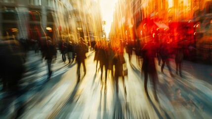 In the blurred scene, a group of pedestrians move briskly down an urban street. Some are alone, while others walk together, creating a sense of movement and activity in the bustling city. - 776650464