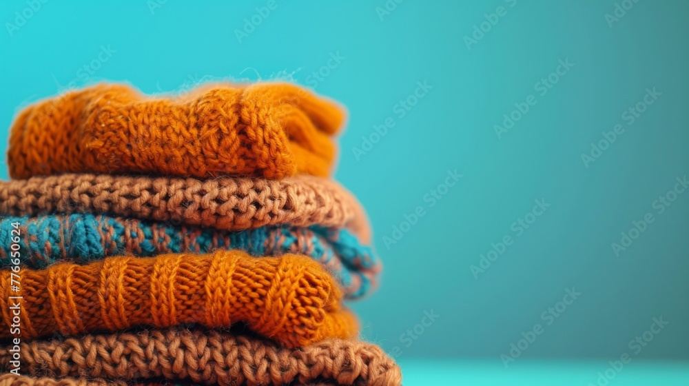 Poster a stack of knitted sweaters of various colors piled on top of each other, showcasing different patte