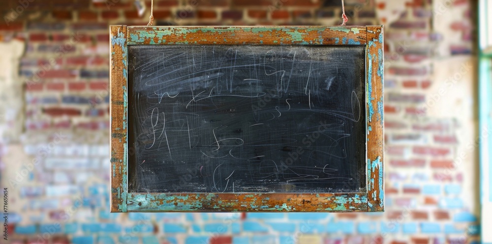 Poster a blackboard is securely fastened to a brick wall, creating a simple and practical display surface.