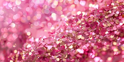 Obraz premium Sparkling pink and gold glitter covering the entire background, creating a dazzling and glamorous effect with its shimmering and reflective surfaces.