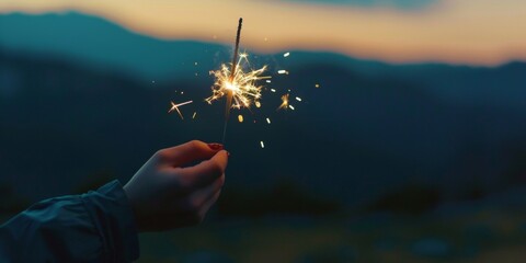 A person holds a sparkler in their hand, lighting up the surroundings. The sparks of light illuminate the immediate area as the individual carefully holds onto the burning object. - obrazy, fototapety, plakaty
