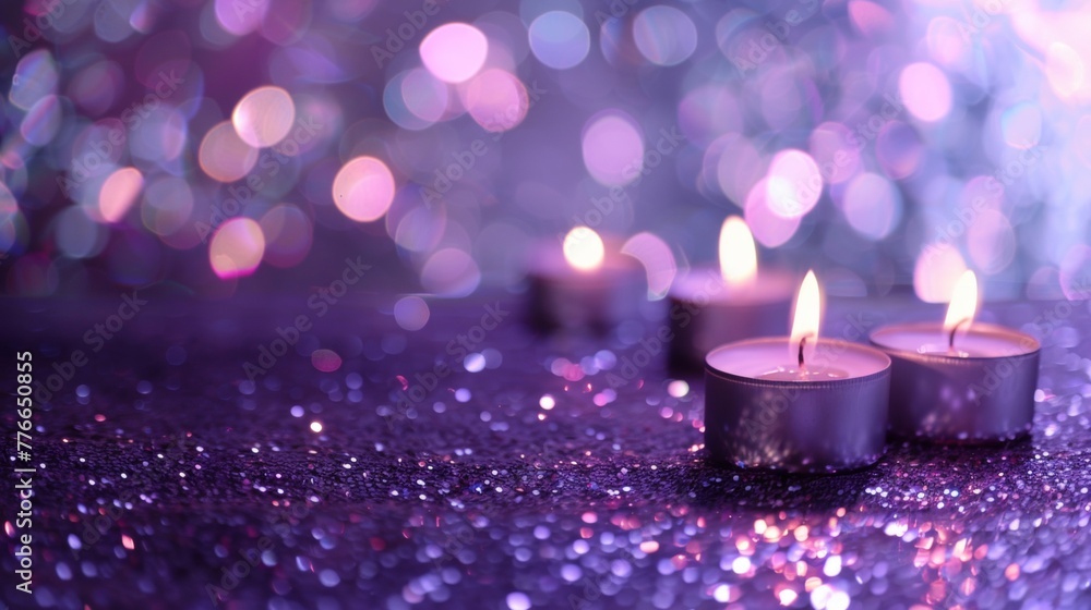 Poster three candles arranged neatly on a wooden table. the candles are different heights and colors, with 