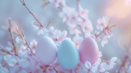 Three small white eggs are delicately balanced on a thin branch of a tree, nestled close together. The eggs appear round and fragile, with a backdrop of green leaves.