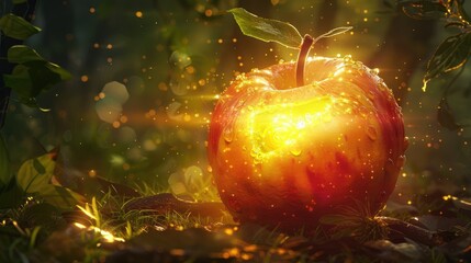 A fantasy illustration of a mythical juicy fruit that glows from within casting magical light around it