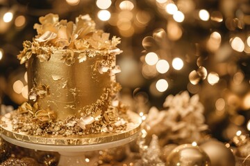 A festive golden cake adorned with edible gold leaf and sparkling under celebration lights - obrazy, fototapety, plakaty
