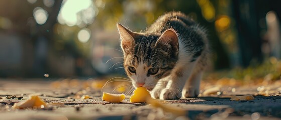 A playful image of a cat curiously sniffing a piece of cheese capturing a moment of innocence and curiosity - obrazy, fototapety, plakaty