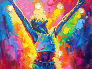 A vibrant painting of a dancer in a triumphant pose under spotlights depicting artistic success