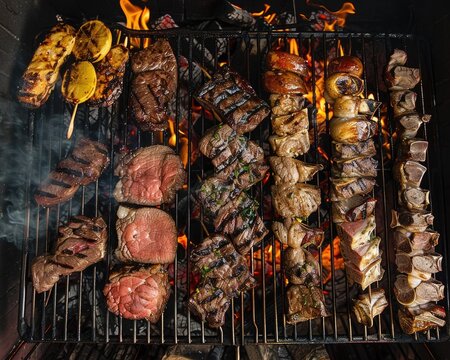 An aerial view of a traditional Argentinian asado with various cuts of beef grilling over an open flame