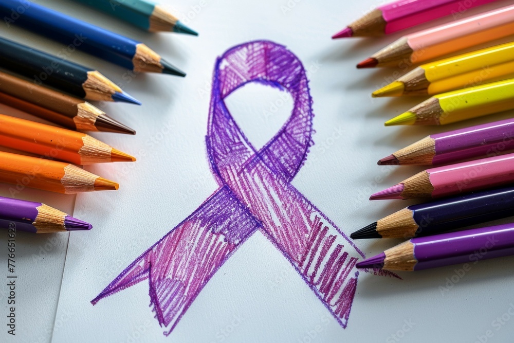 Wall mural A purple ribbon is drawn on a white background with a bunch of colored pencils s