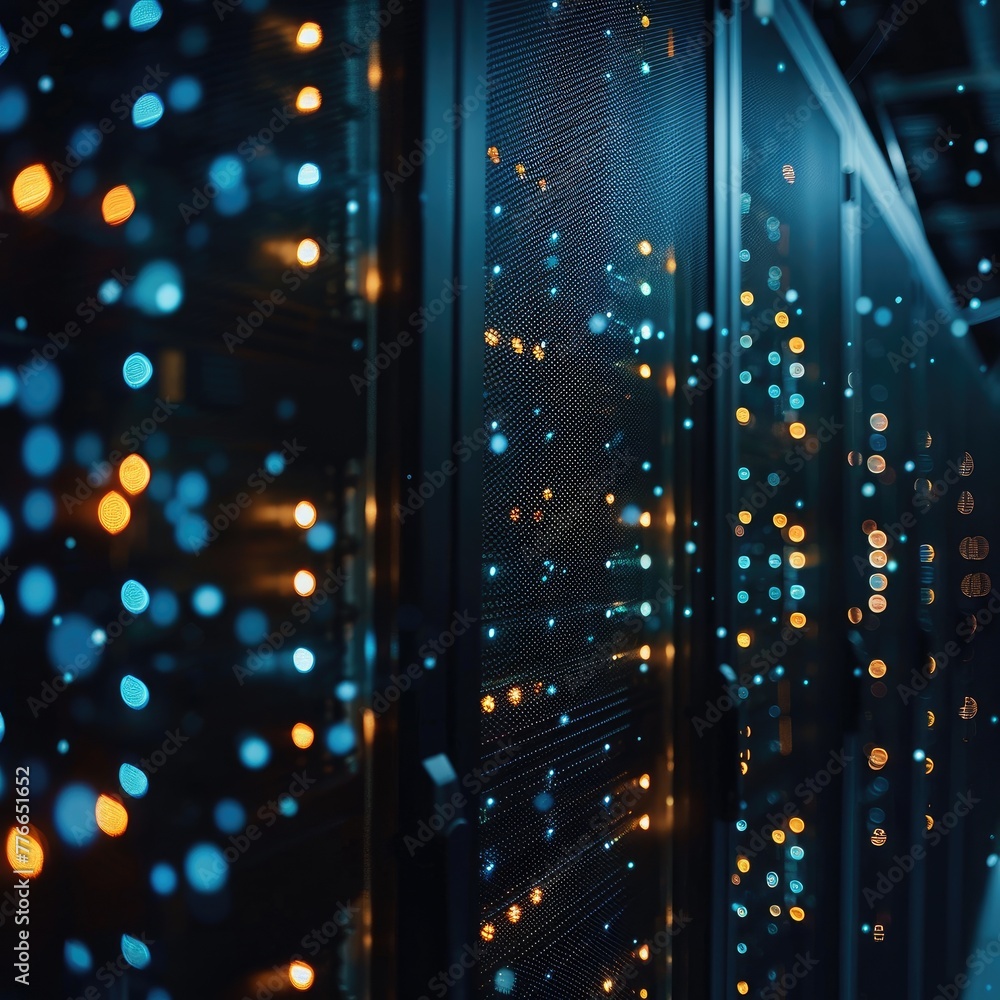 Aufkleber close-up of a server racks blinking lights in a dark data center symbolizing data processing