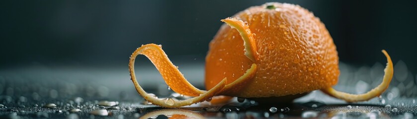 An orange being peeled with the peel curling around emphasizing the act of unveiling