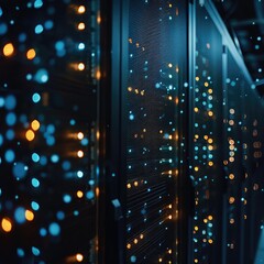 Close-up of a server racks blinking lights in a dark data center symbolizing data processing - obrazy, fototapety, plakaty