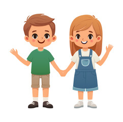 Vector cartoon style icon illustration. Two cute kids. Boy and girl waving hands.