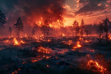 A forest fire is raging in a field, with trees and brush on fire