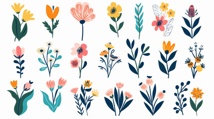 Obraz premium Hand drawn abstract wildflowers flowers and leaves flat icons set. Floral design with ornaments. Spring flowers blossom. Beautiful bouquet. Color isolated illustrations