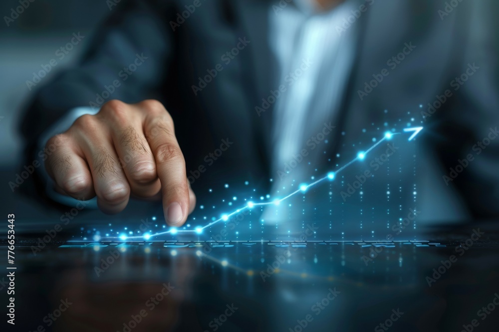 Poster a man is pointing at a graph with a blue arrow