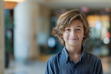 A young boy with brown hair and a blue shirt is smiling for the camera - Powered by Adobe
