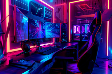 A modern gaming room with neon lighting.