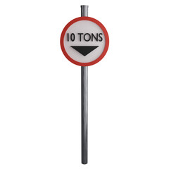 Weight limit 10 tons sign on the road clipart flat design icon isolated on transparent background, 3D render road sign and traffic sign concept