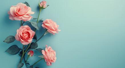 Pink Roses on a Blue Background