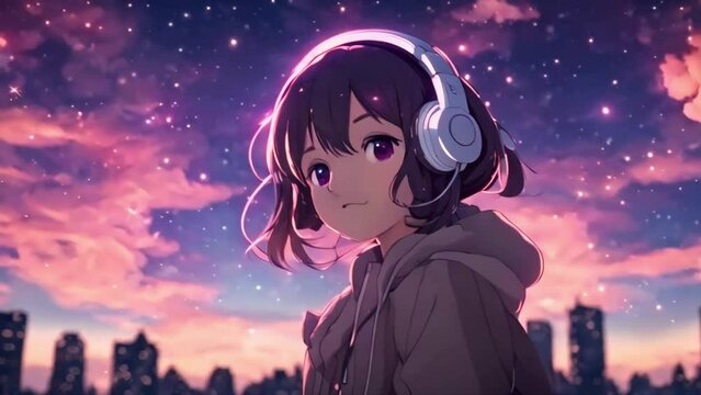 Lofi animation Synthwave anime manga girl, lofi bacground wallpaper design - Seamless loop animation, created using AI Generative Technology, lofi beats, asmr, lofi for study