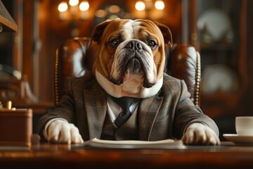 A dog in a sharp business suit and sitting confidently at an executive desk, Generative AI - obrazy, fototapety, plakaty