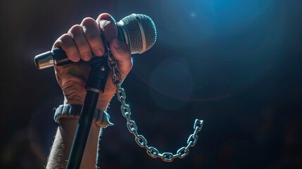 World press Freedom Day concept. Hand holding a microphone with chain on dark background - obrazy, fototapety, plakaty