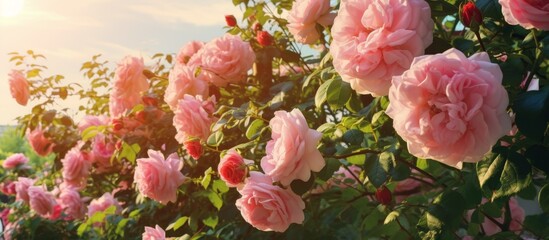 Pink roses of various shades and sizes blooming abundantly on a green bush under the warm sun in a beautiful garden
