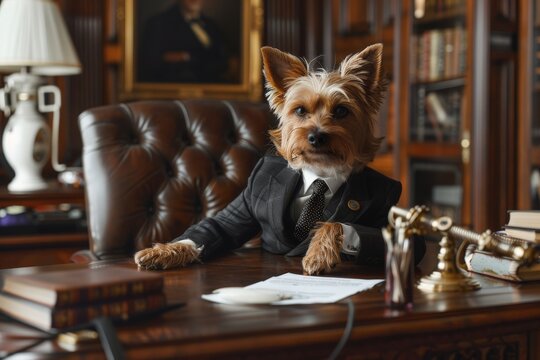 A dog in a sharp business suit and sitting confidently at an executive desk, Generative AI