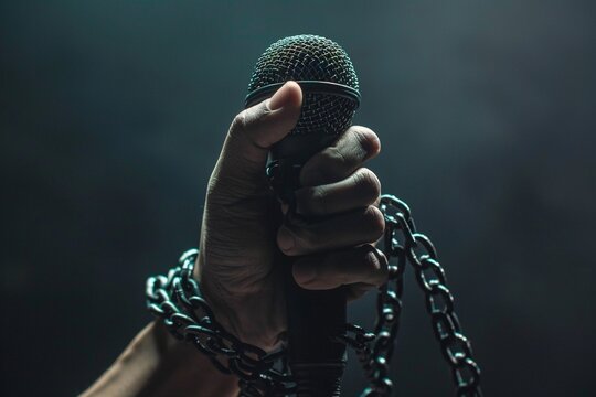 World press Freedom Day concept. Hand holding a microphone with chain on dark background