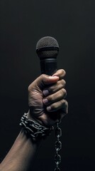World press Freedom Day concept. Hand holding a microphone with chain on dark background