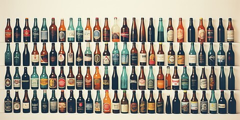 Assorted retro-style beer bottles lined up on a wooden surface