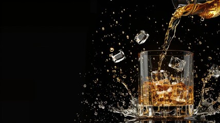 Pouring whiskey in a glass creating dynamic liquid splash - Striking image of whiskey being poured with vigor, ice cubes flying, against a contrasting dark background creating an enticing view
