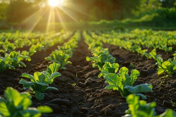 Vegetable fields growing in greenhouses with sunlight shining in the morning, Generative AI