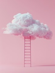 Ladder reaching into a singular large cloud - This image features a single fluffy pink cloud with a ladder leading up into it, conveying a sense of aspiration or challenge