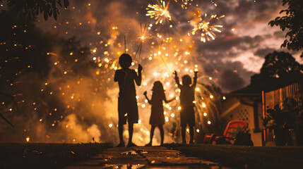 Silhouette of happy family with firework in the evening - obrazy, fototapety, plakaty