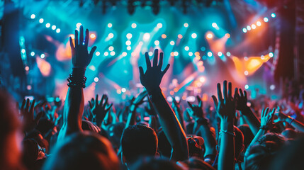 Crowd at a music festival raising hands up in the air