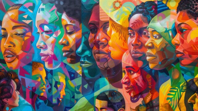 Censored colorful mural of a woman's face - Vibrant street art of a woman's face with geometric color block censorship, reflecting urban culture and identity