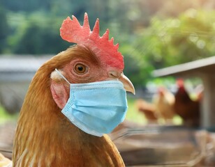 Chicken wearing a face mask illustrating transmission of animal viruses to humans