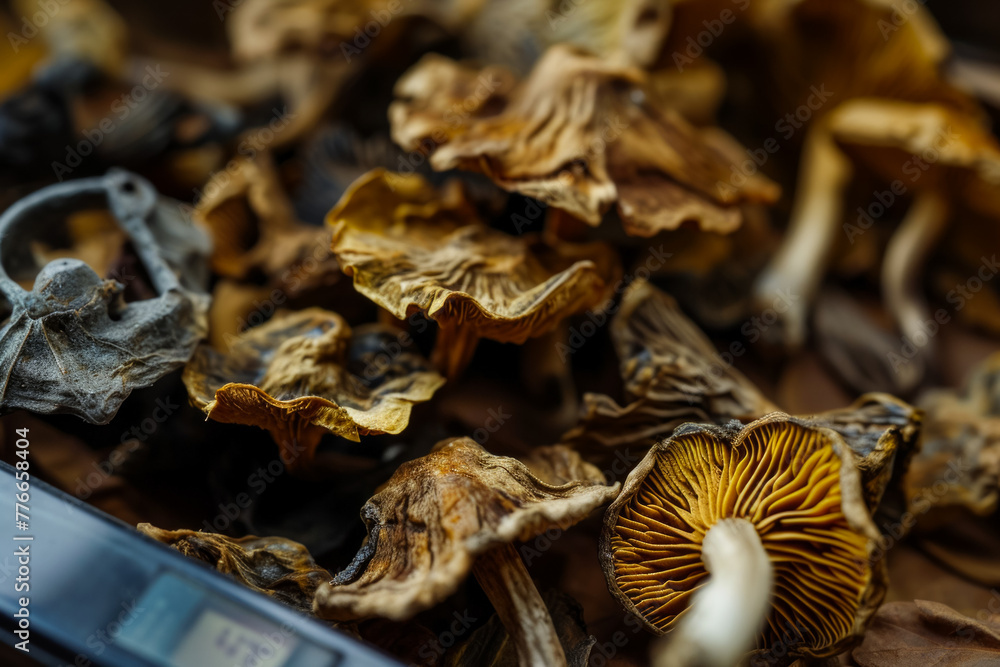 Poster mushrooms and scales. backdrop with selective focus and copy space