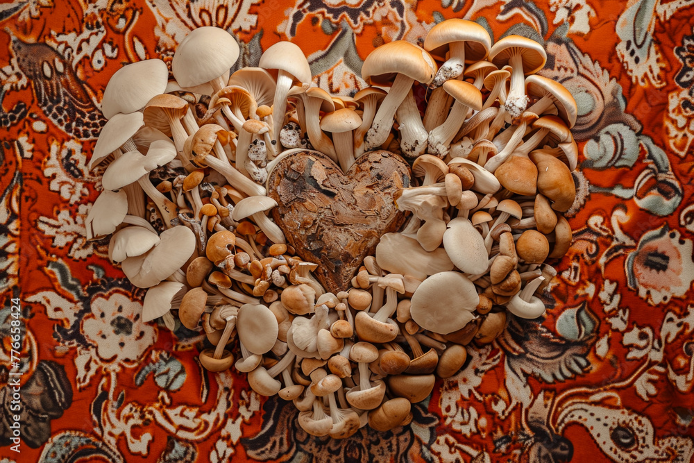 Poster mushrooms with a heart-shaped layout. backdrop with selective focus and copy space
