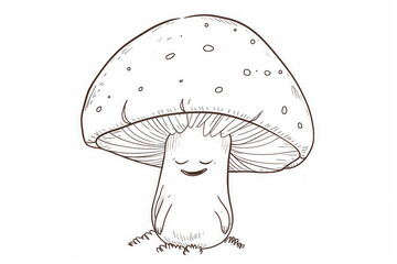 Black and white drawing or illustration of a mushroom. Backdrop with selective focus and copy space