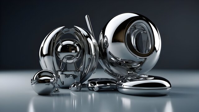 A contemporary 3D representation of chrome 3D objects destined for the year 2000. metallic components that are trendy. Abstract shape with a shiny silver finish.