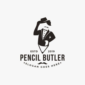 Simple modern vintage hipster of butler and pencil logo icon vector template on white background