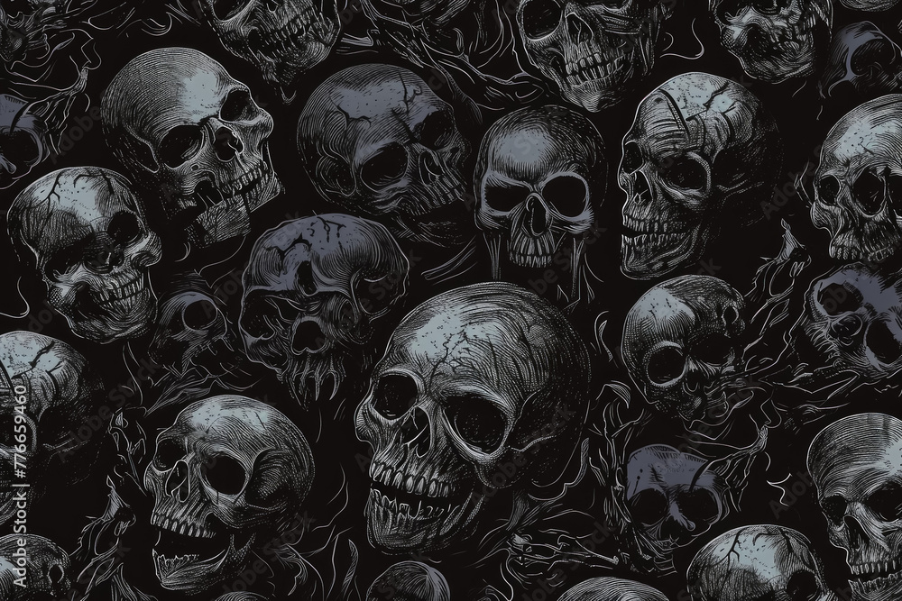 Aufkleber skulls in dark gloomy style. backdrop for design with selective focus and copy space.