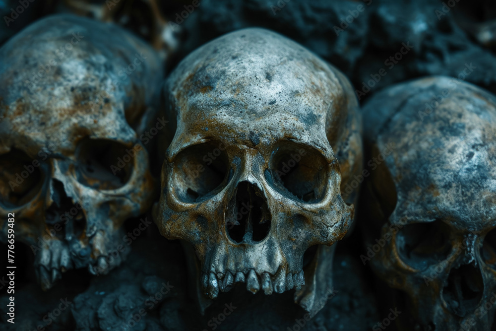 Aufkleber skulls in a cold tone. backdrop for design with selective focus and copy space.