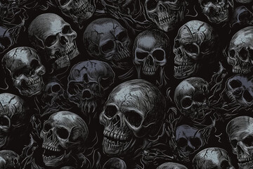 Skulls in dark gloomy style. Backdrop for design with selective focus and copy space. - Powered by Adobe