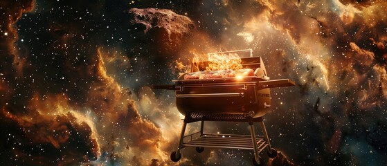 A conceptual image of a grill floating in space humorously juxtaposing the idea of universal barbecue appeal - obrazy, fototapety, plakaty